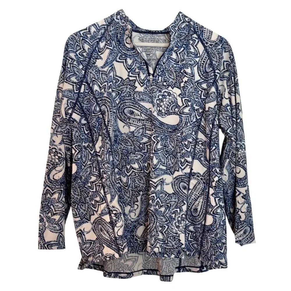 Coolibar blue paisley quarter zip rash guard pullover XL